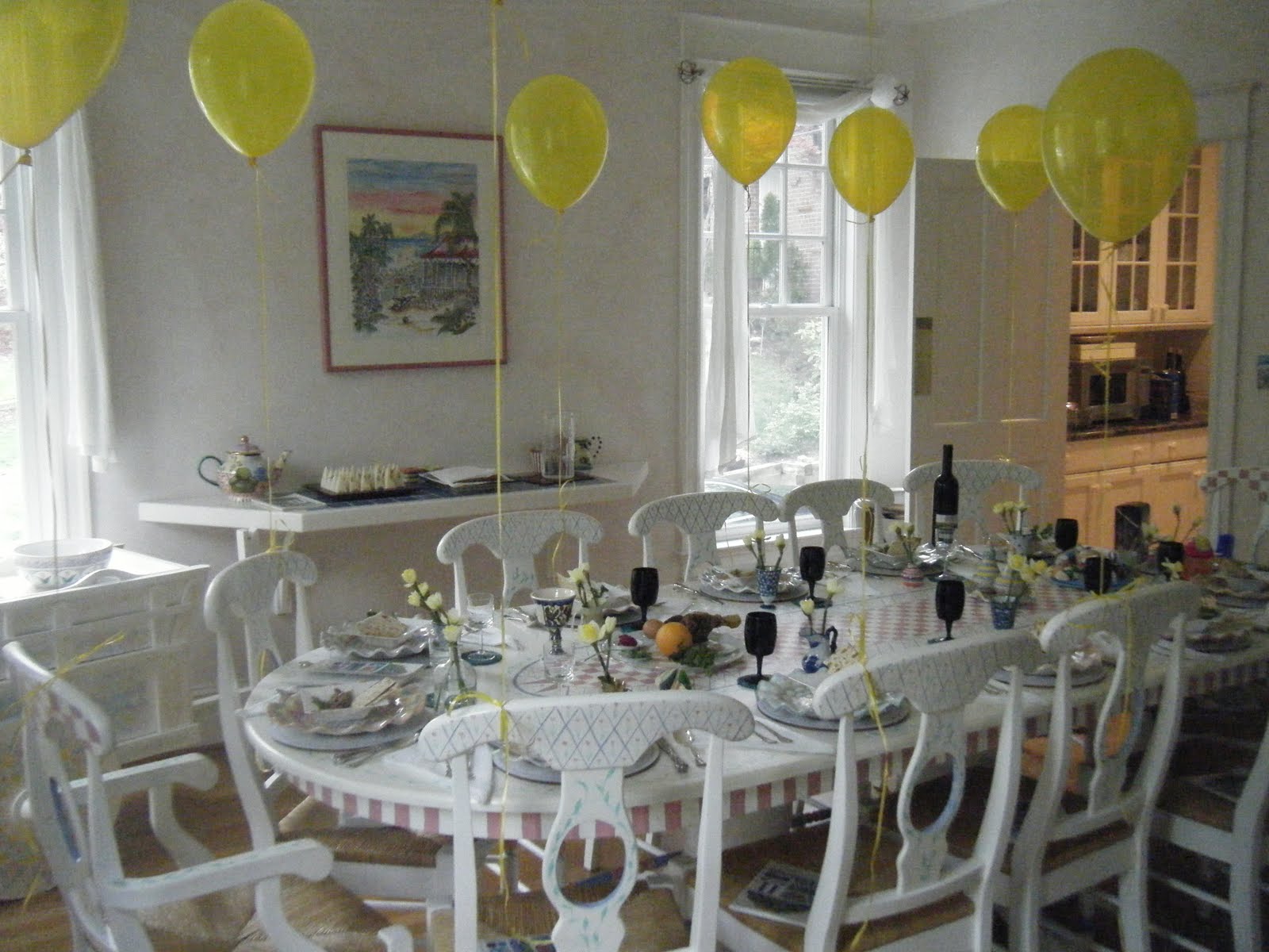Seder table had balloons and flowers for Andy