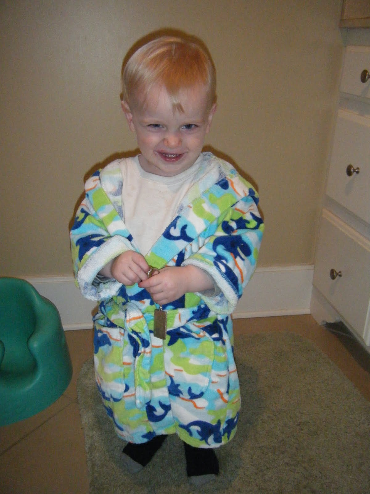 Funny face in a new robe from Nana and Papa