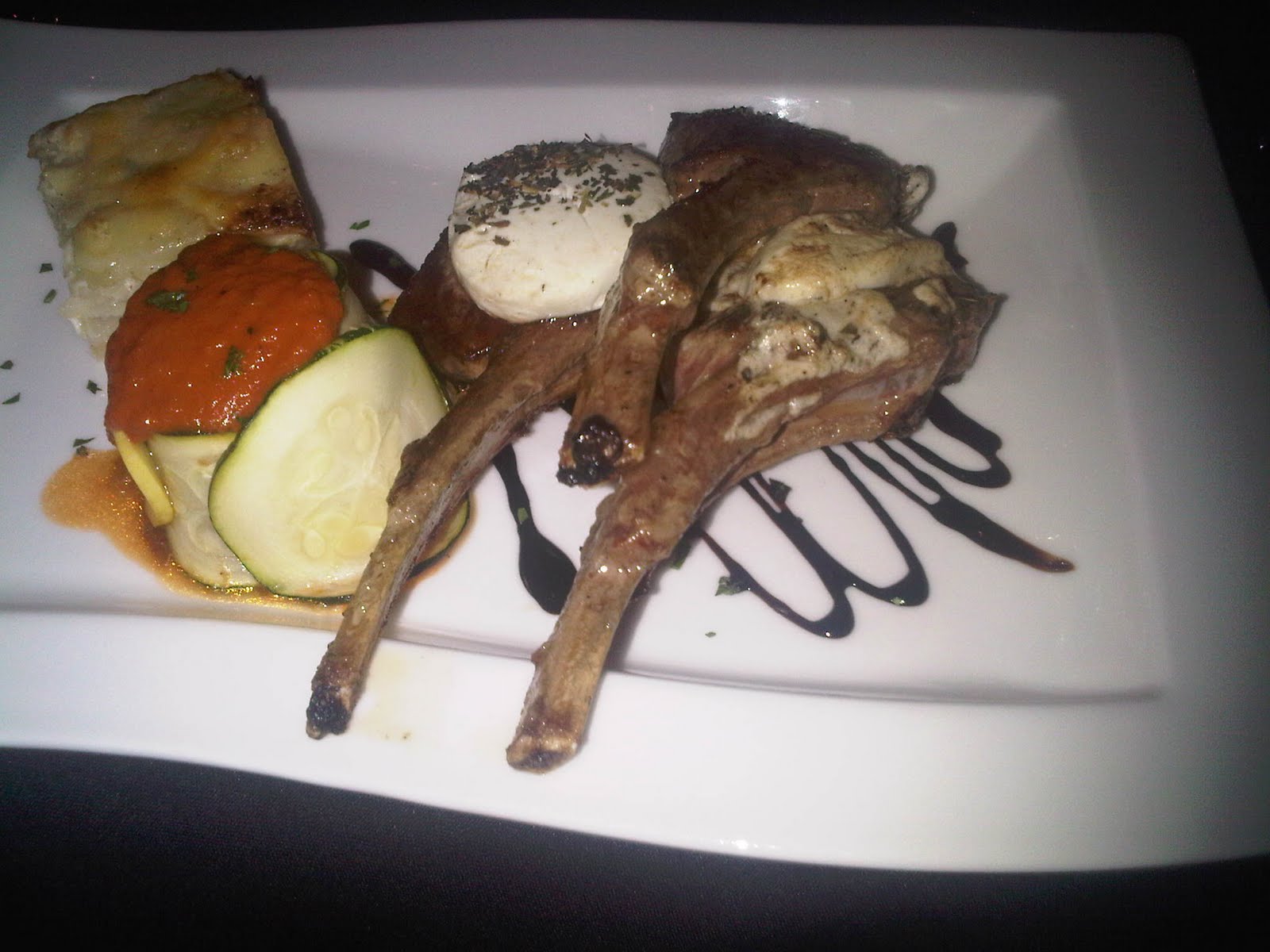 My trio of lamb chops encrusted with goat cheese, boursin cheese, or pepper with rattatoille and potato gratin