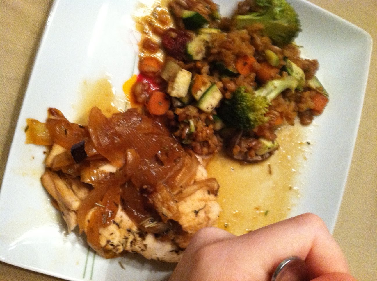 Soy orange chicken, bulgar rice kashi and veggie meal on Thursday with the whole gang