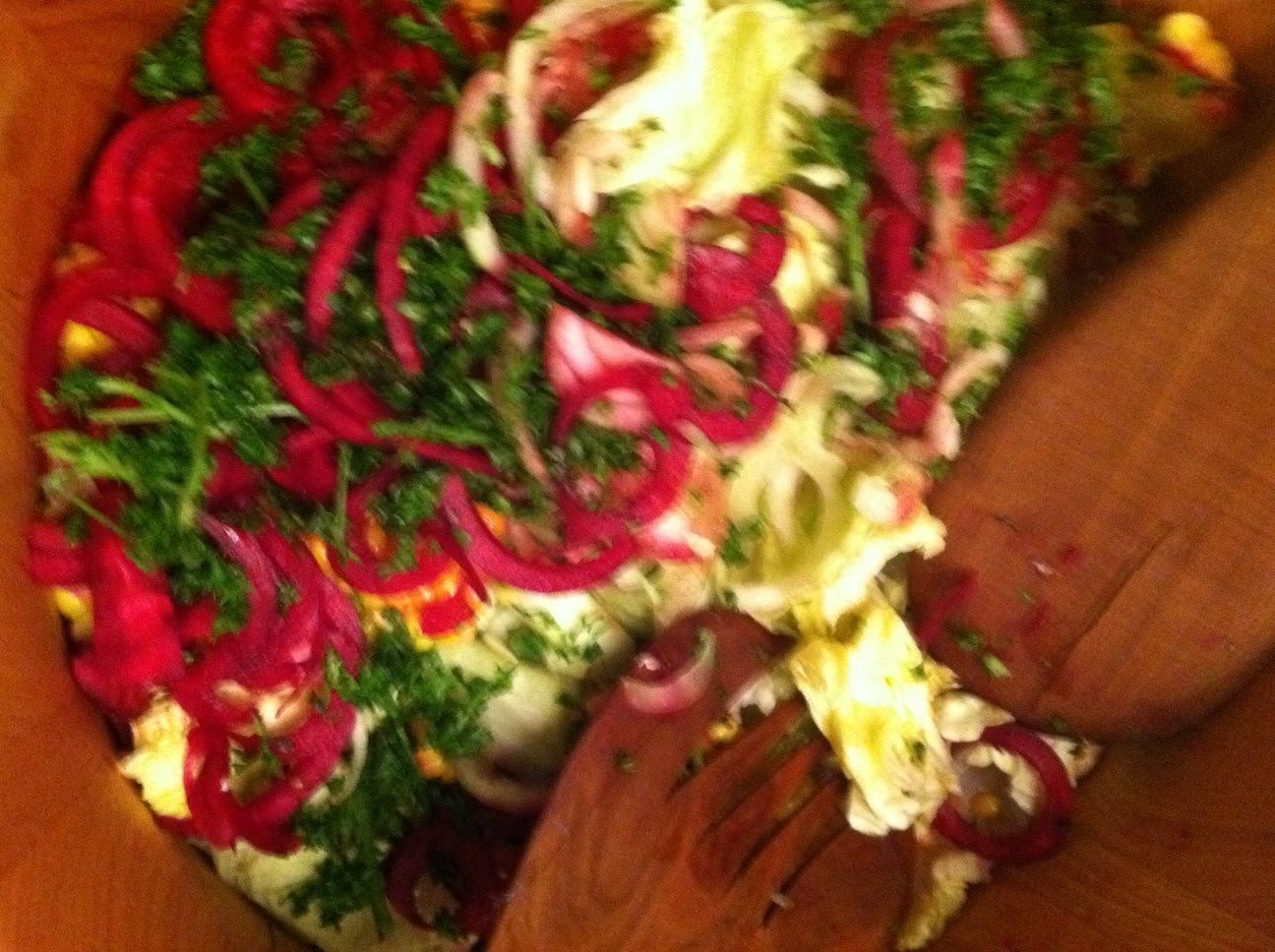 Salad with corn and spiraled beets and cucumbers!