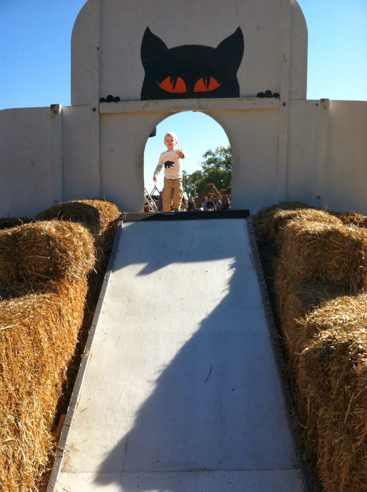 Andy being brave and going down a big slide at Pumpkin Land