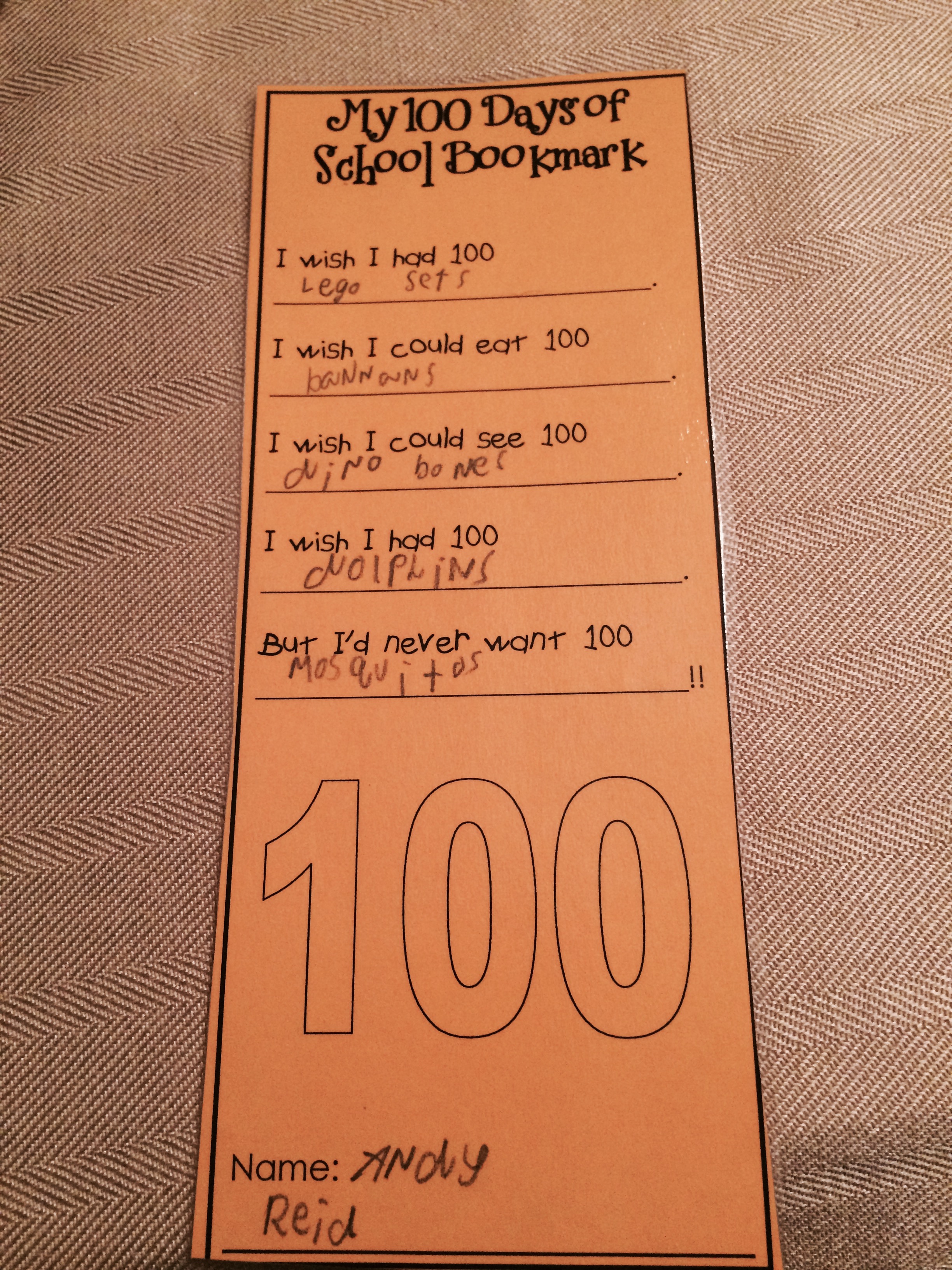100 days of school book mark dictated by Andy written by Reid