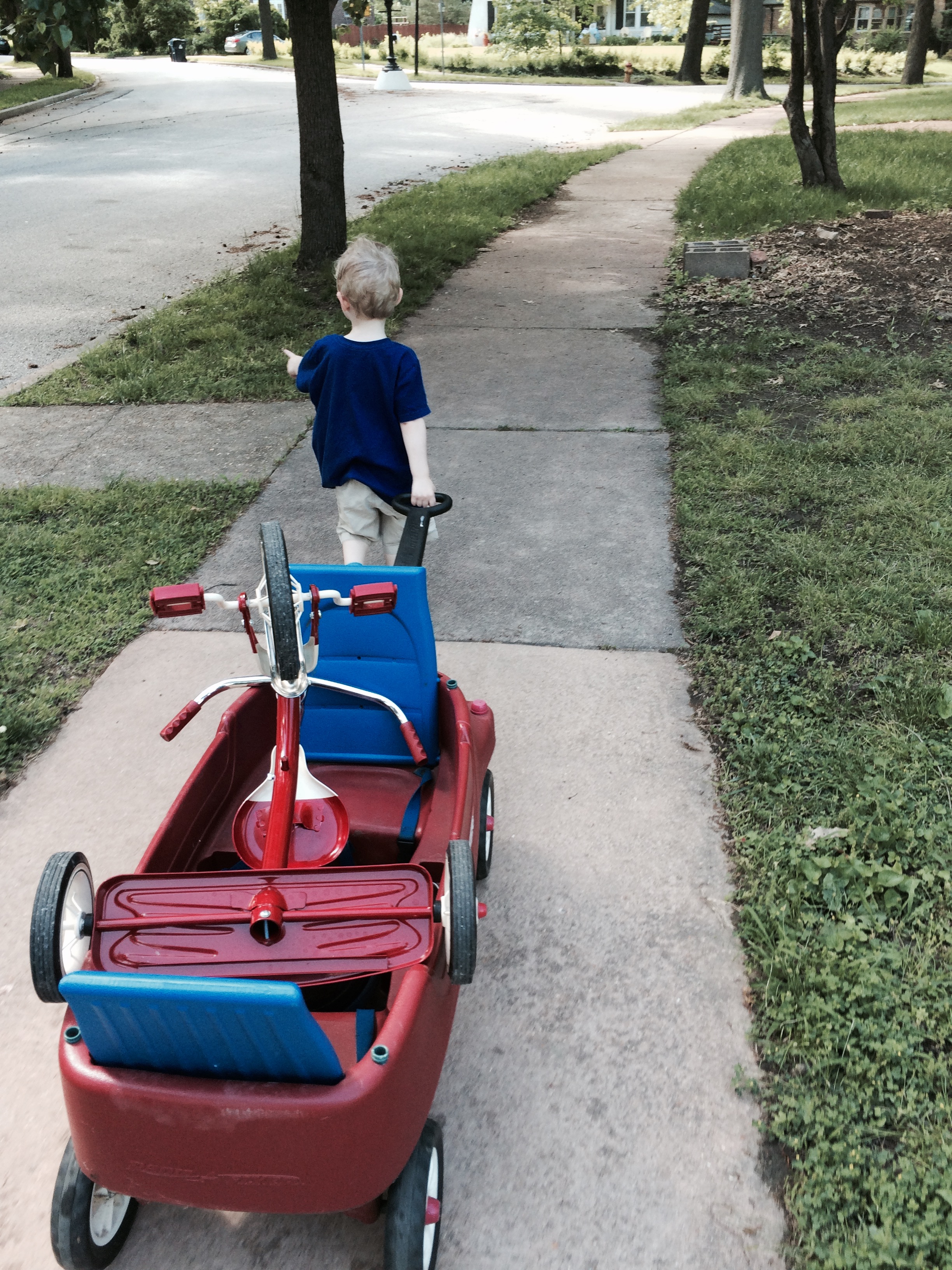 Charlie pulling his trike back in the wagon from the flat top