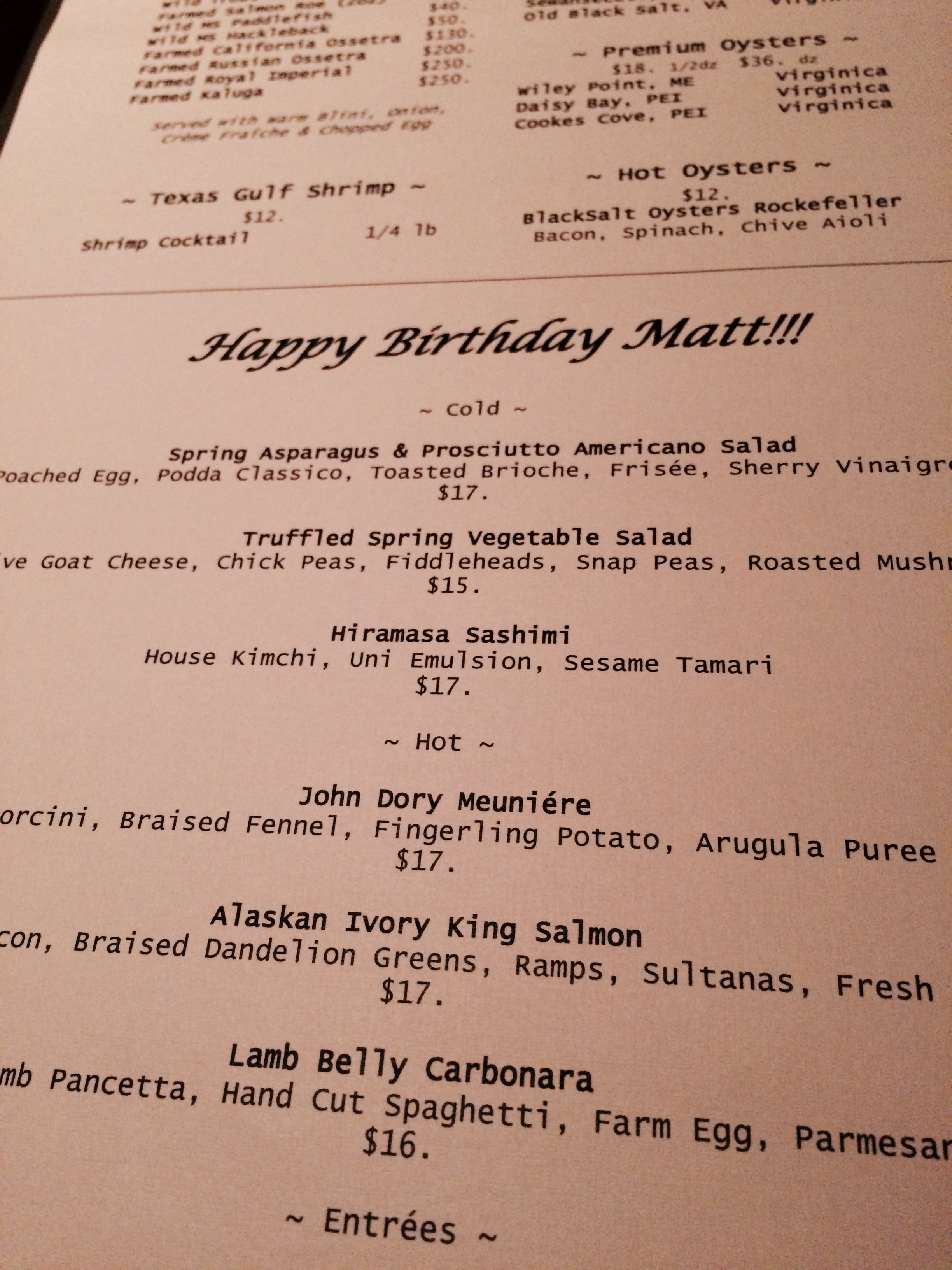 Birthday present to Matt from my parents: dinner at black salt