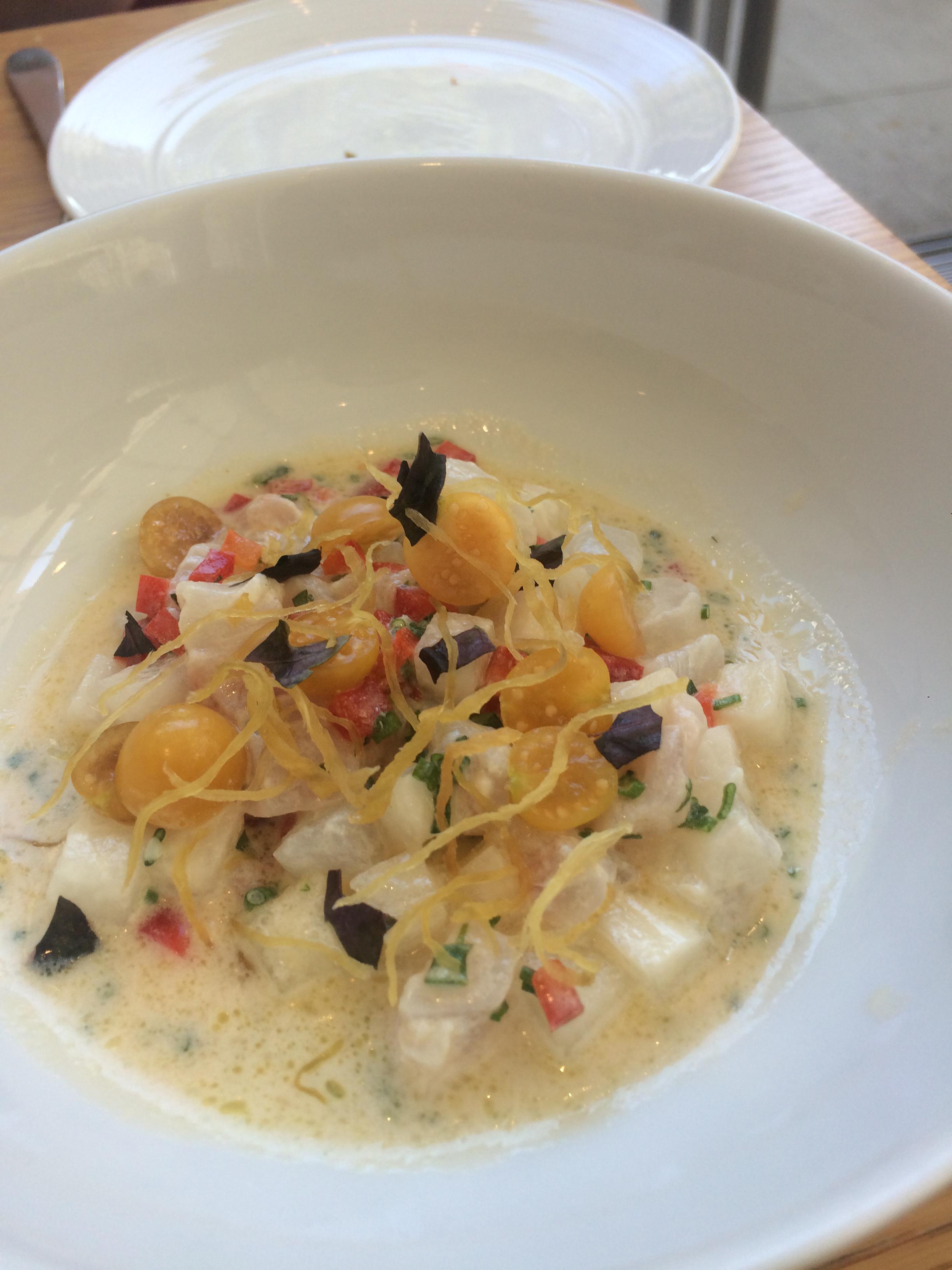 Fluke husk cherries and jicama at the Whitney