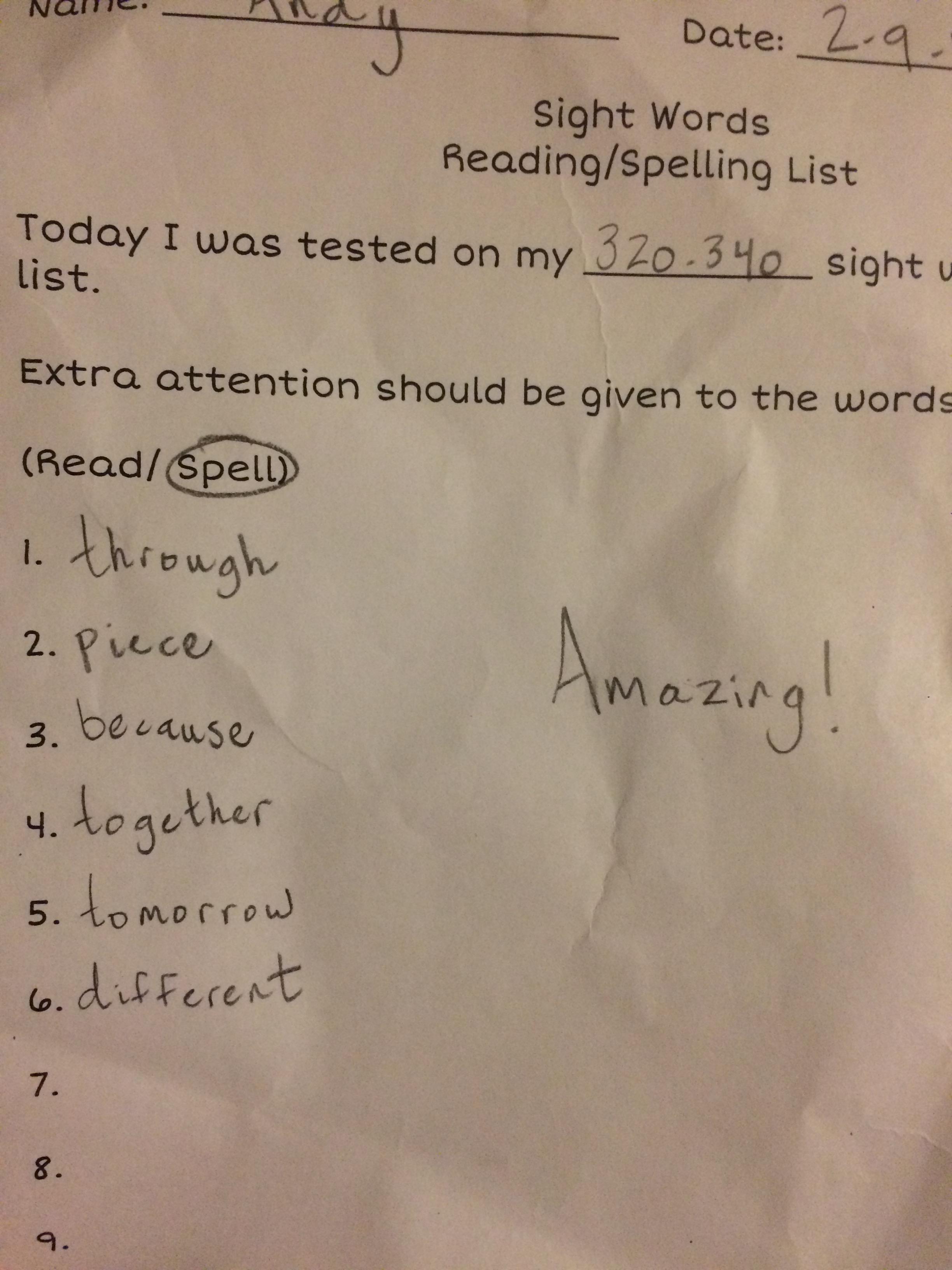 Andy finished all the spelling words for first grade!!
